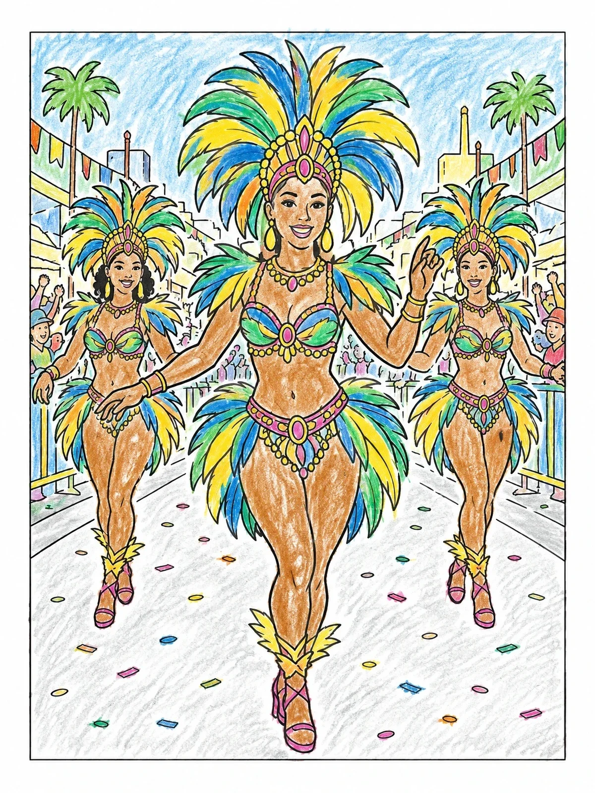 Colored example of the Rio Carnival Samba Dancers Parade coloring page
