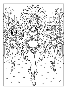 Festive dancers march during a parade in this vibrant rio coloring page.