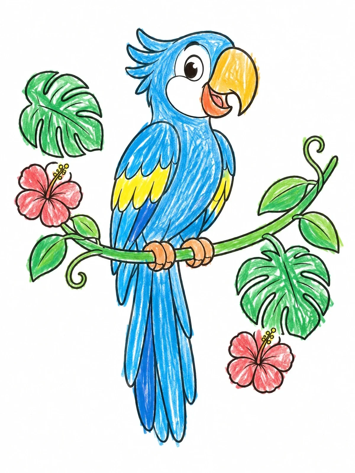 Colored example of the Cheerful Macaw On A Tropical Branch coloring page