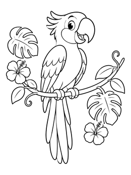 Free printable Cheerful Macaw On A Tropical Branch coloring page
