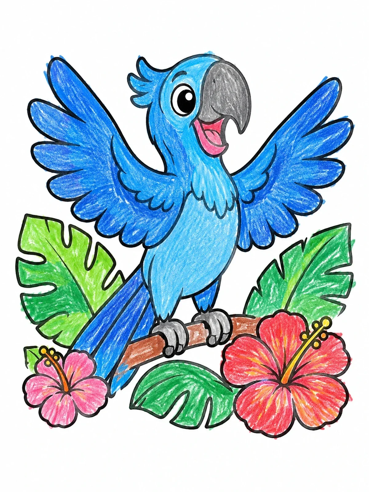 Colored example of the Cheerful Macaw In Tropical Jungle coloring page