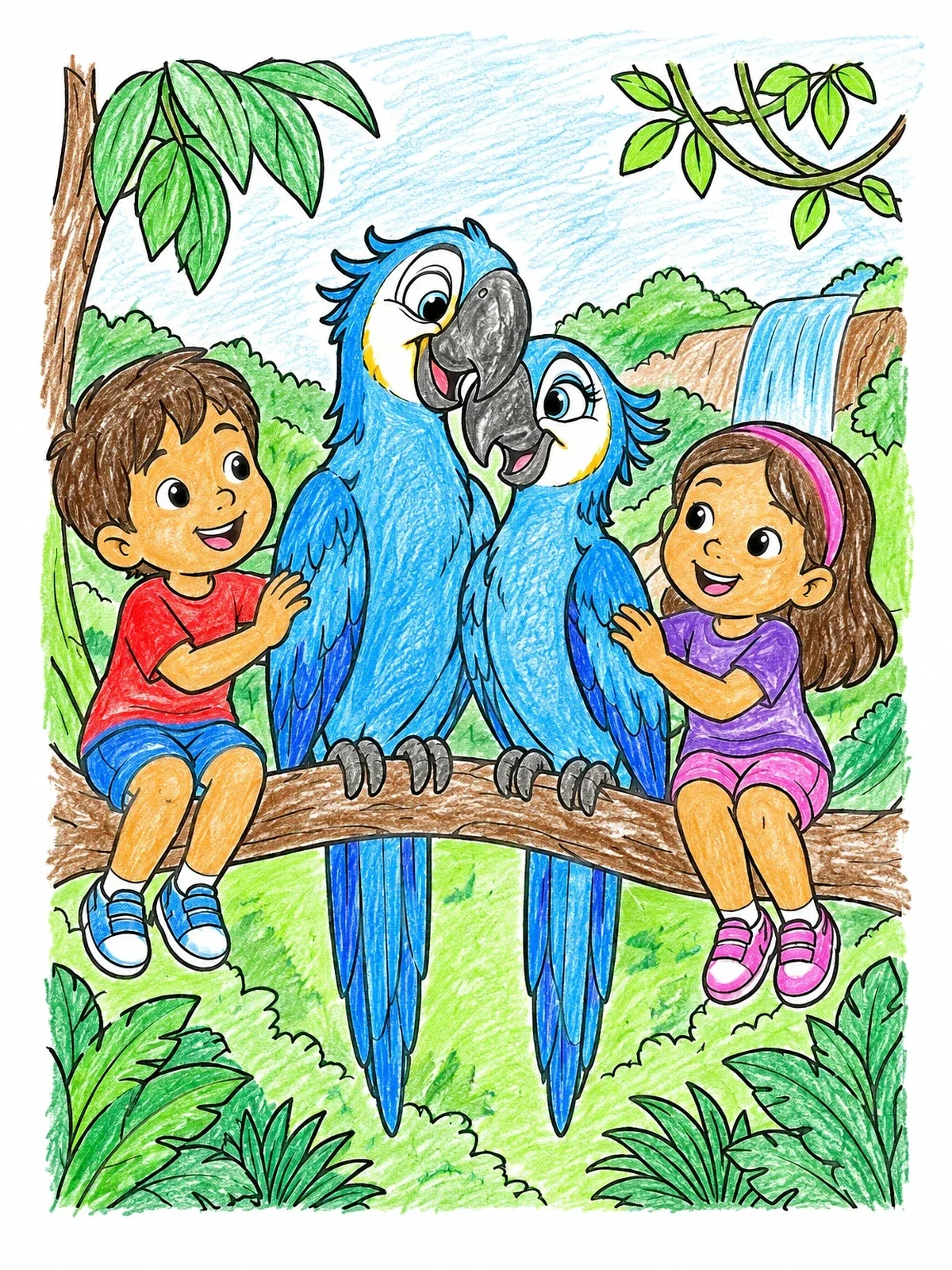 Colored example of the Children And Macaws In The Rainforest coloring page