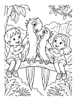 Free printable Children And Macaws In The Rainforest coloring page