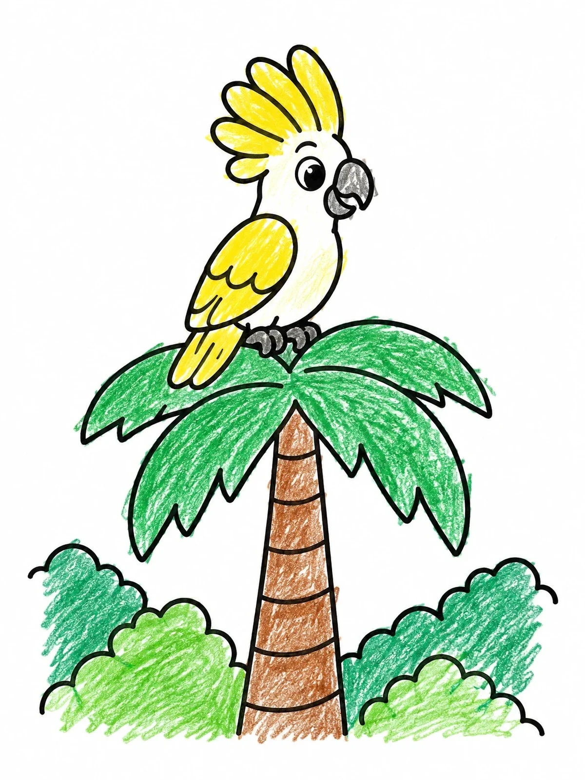 Colored example of the Cockatoo On A Palm Tree coloring page