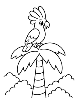 A cute cartoon cockatoo perches on a palm tree in this rio coloring page.