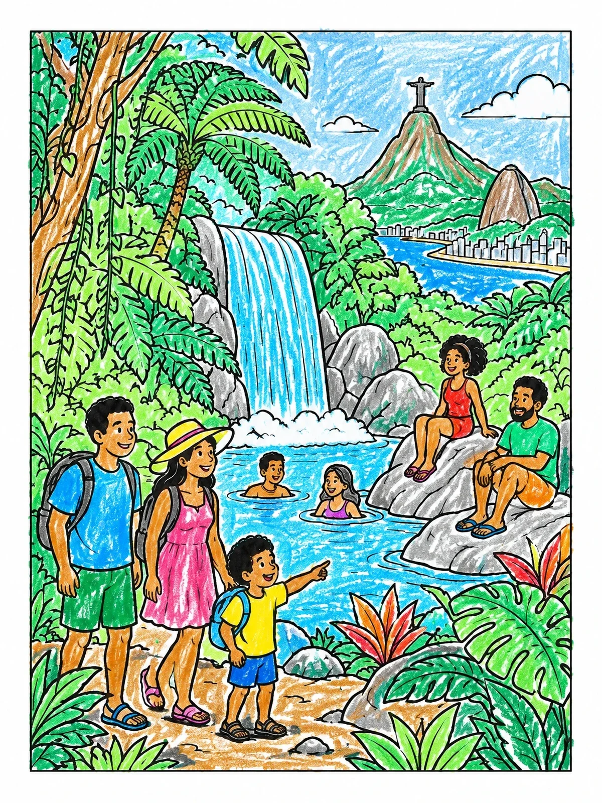Colored example of the Family Hiking Near Rio Waterfall coloring page