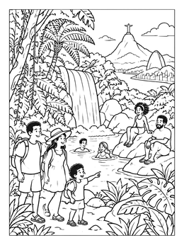 Free printable Family Hiking Near Rio Waterfall coloring page