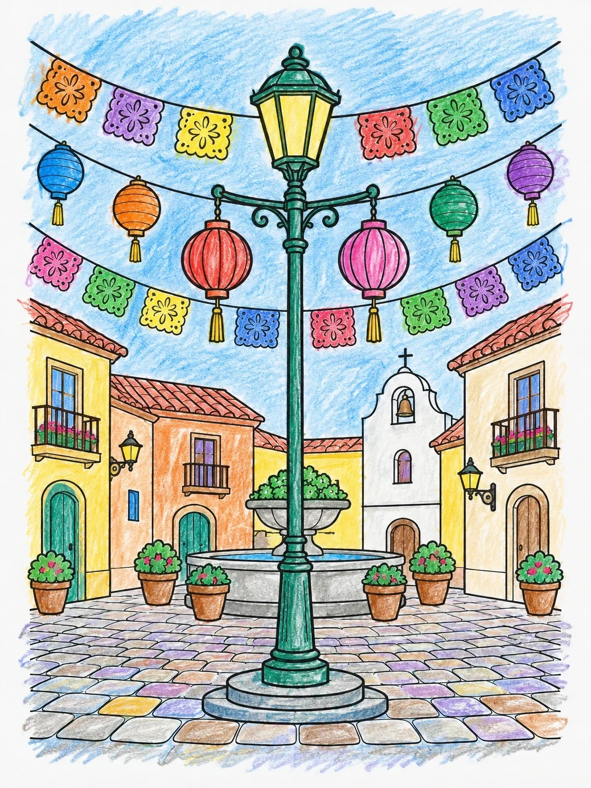 Colored example of the Festive Plaza With Lanterns And Garlands coloring page