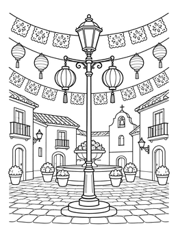 A festive plaza with a tall lamppost and paper bunting shines in this Rio coloring page.