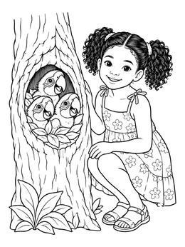 A smiling girl crouching by baby macaws in a hollow tree in this rio coloring page.