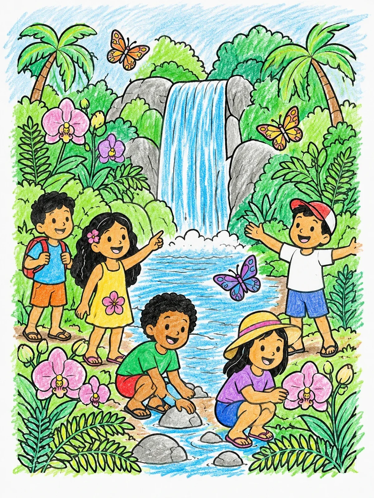 Colored example of the Children Exploring A Jungle Waterfall coloring page