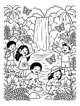 Kids discover butterflies and orchids near a waterfall in this rio coloring page.