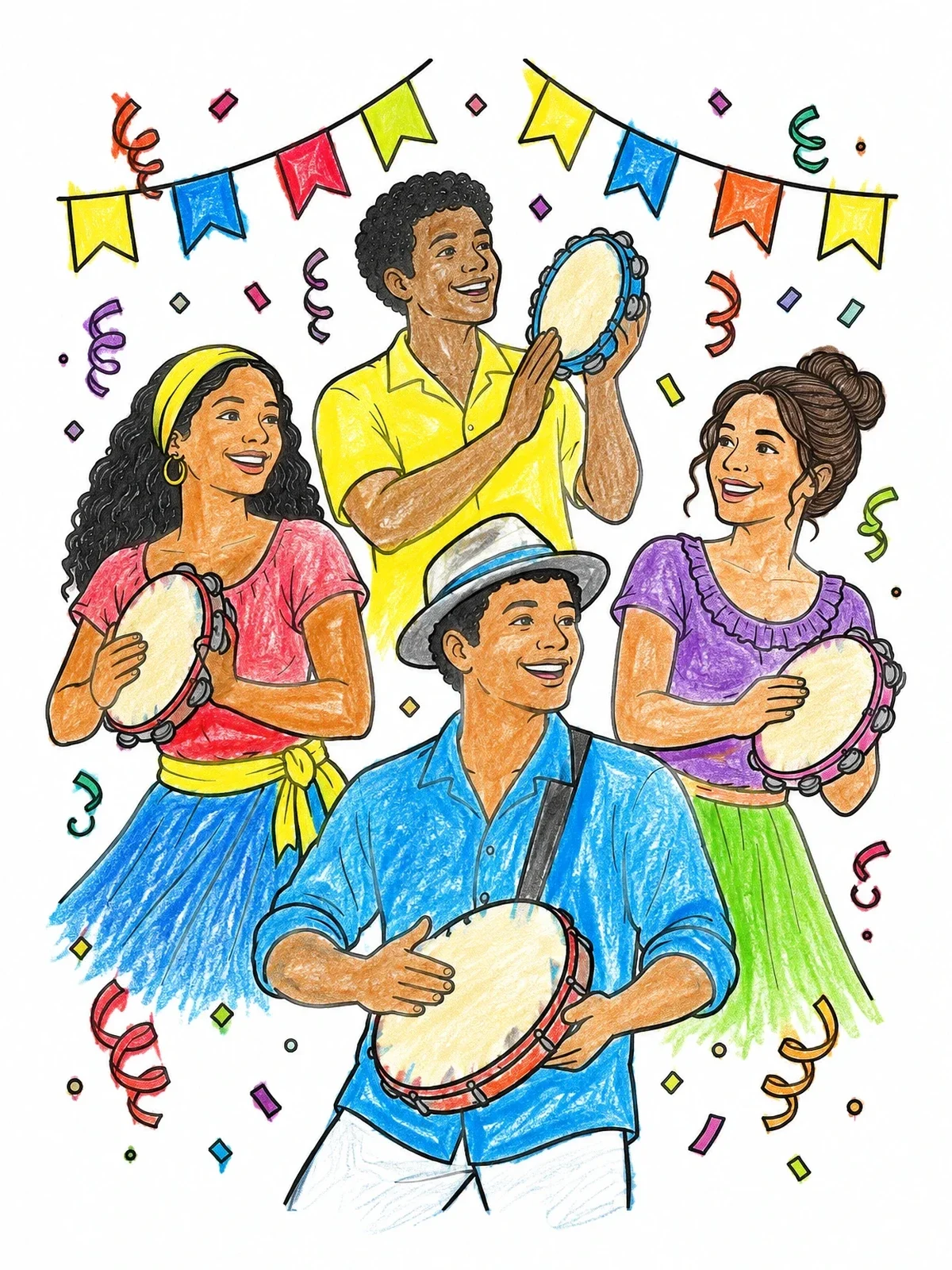 Colored example of the Rio Street Musicians Playing Pandeiro Drums coloring page
