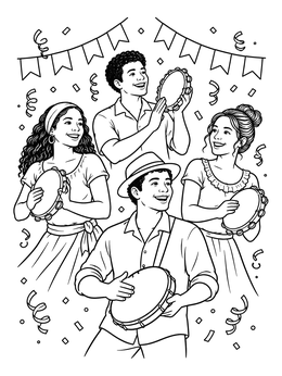 Joyful musicians play pandeiro drums under festive banners in this lively rio coloring page.