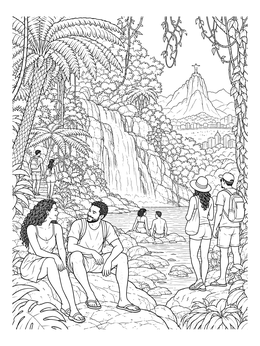 Hikers enjoying a tropical waterfall with Corcovado in this Rio coloring page.