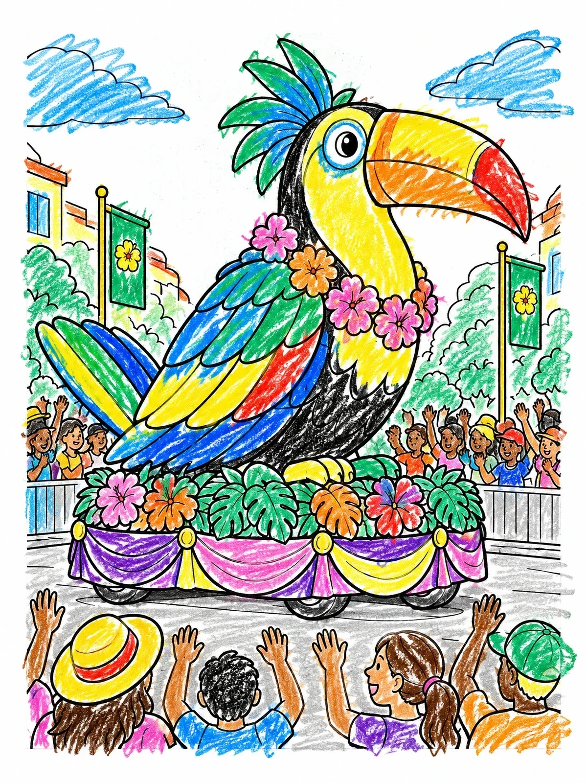 Colored example of the Toucan Carnival Parade Float coloring page