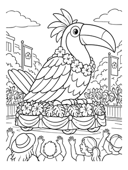 A giant toucan parade float moving past cheering spectators in this Rio coloring page.