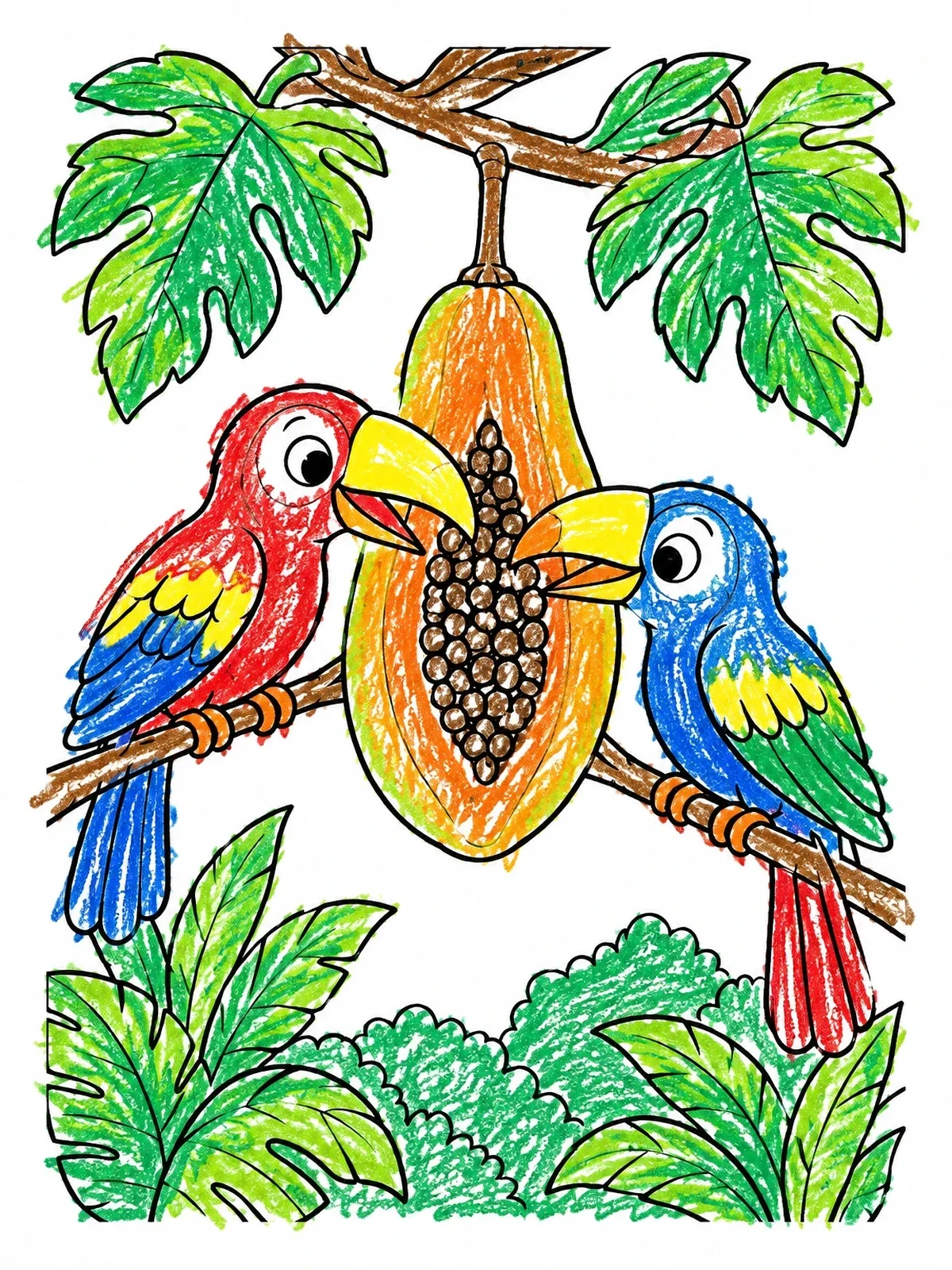Colored example of the Tropical Birds Sharing Sweet Papaya coloring page