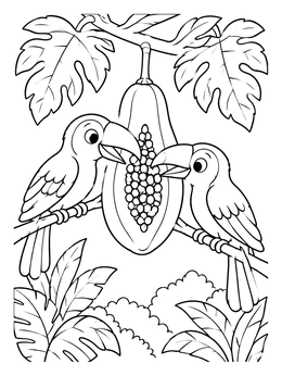Free printable Tropical Birds Sharing Sweet Papaya coloring page