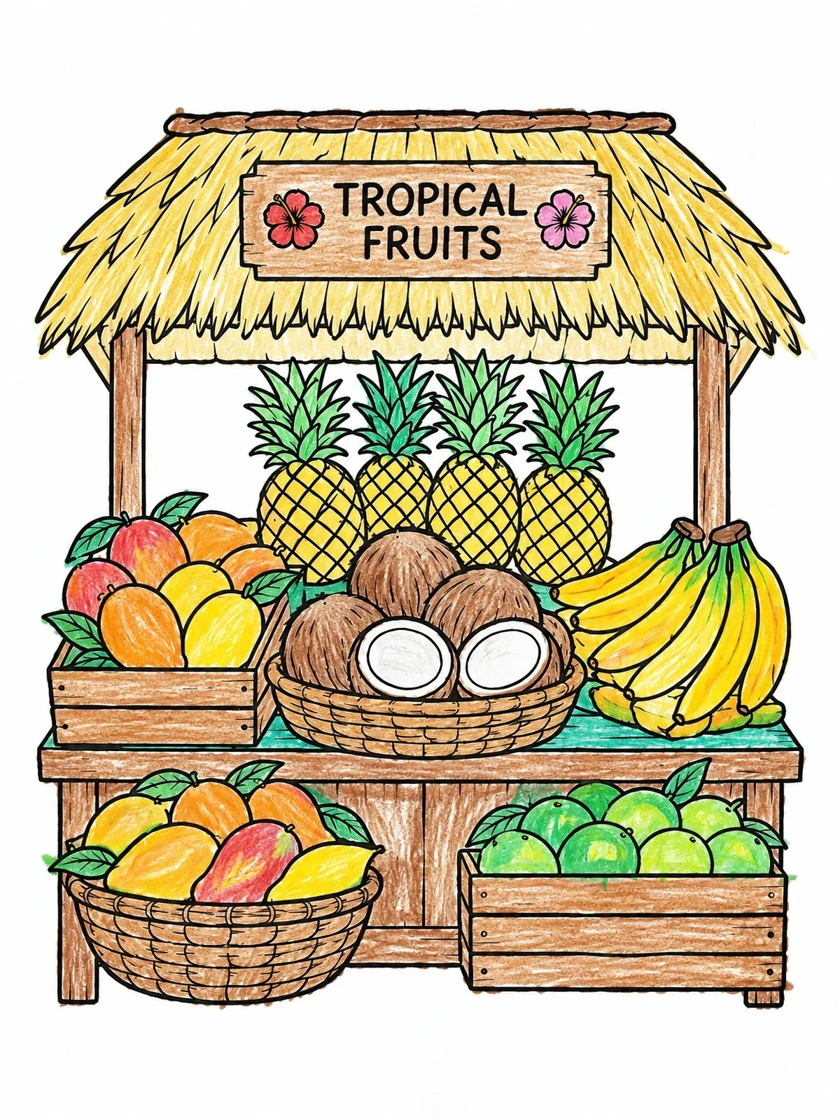 Colored example of the Tropical Fruit Market Stand coloring page