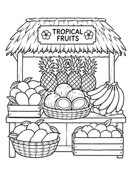 A delightful rio coloring page showing a wooden market stand loaded with pineapples, bananas, and coconuts.