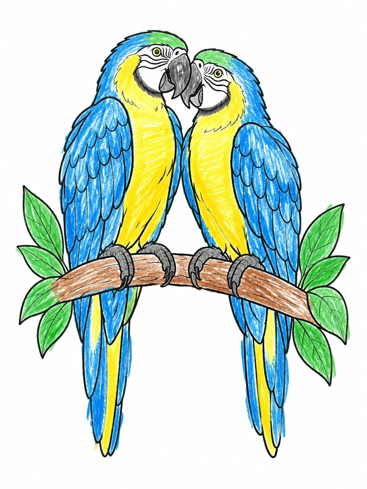 Colored example of the Two Macaws Perched On Branch coloring page