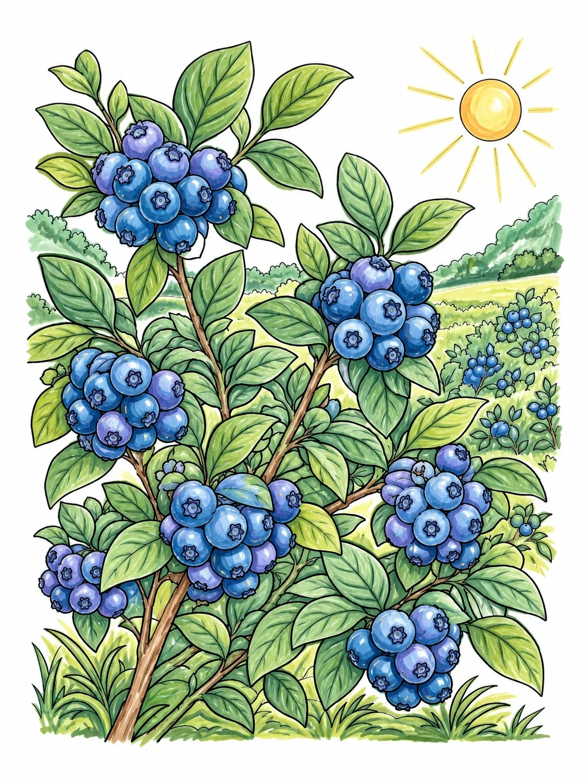 Colored example of the Ripe Blueberry Bush In The Sun coloring page