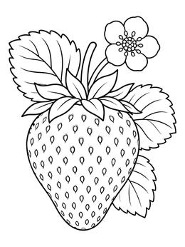 A detailed strawberry coloring page with green leaves and a delicate blossom.