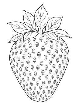 A detailed strawberry coloring page showing seeds and leafy greens.