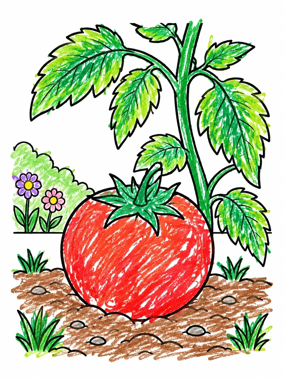 Colored example of the Ripe Tomato In Garden Bed coloring page