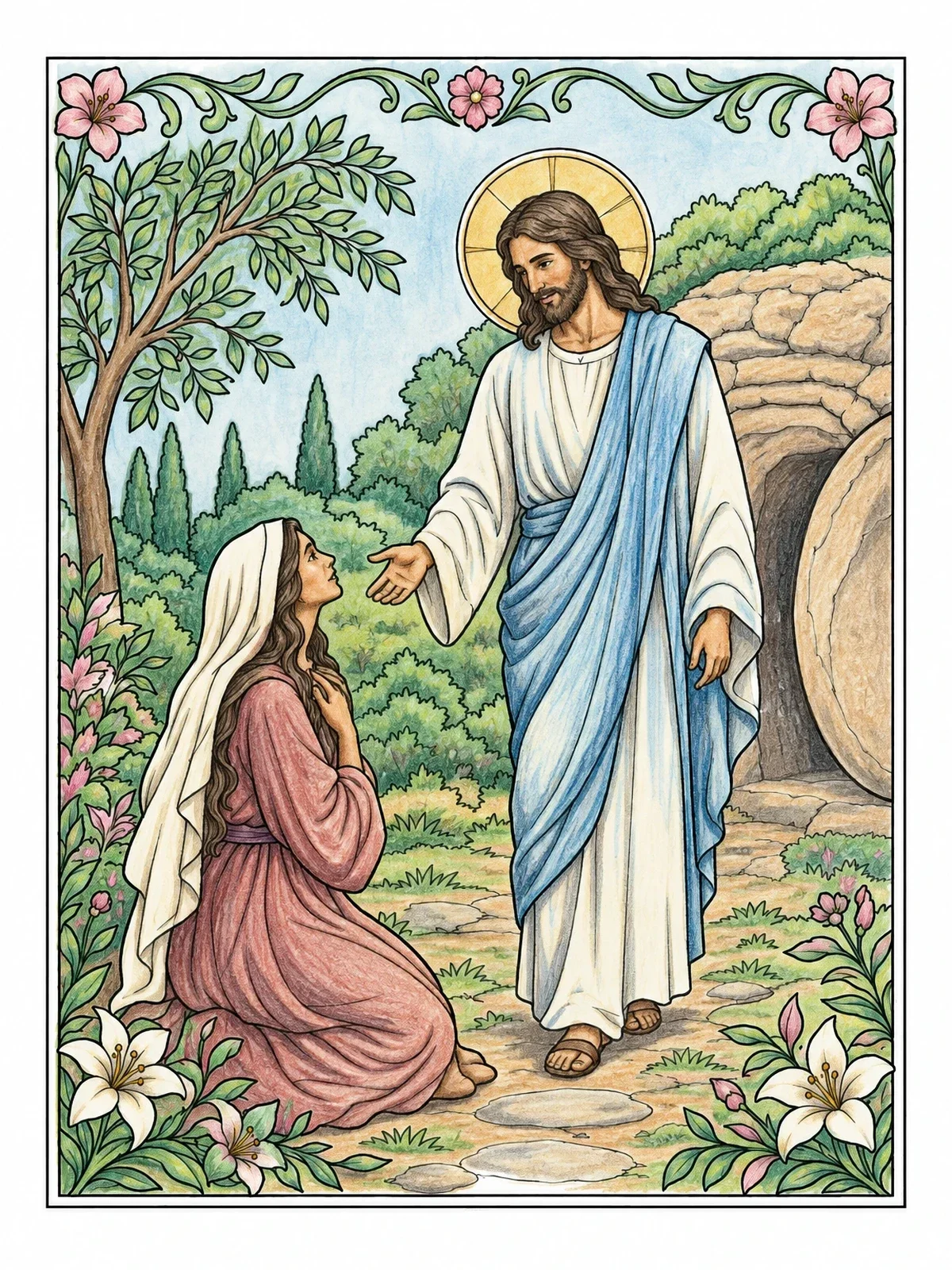 Colored example of the Risen Jesus And Mary Magdalene coloring page