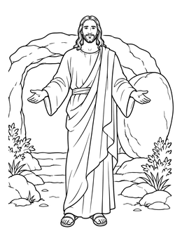 A serene jesus empty tomb coloring page with open arms in front of the rolled-away stone.