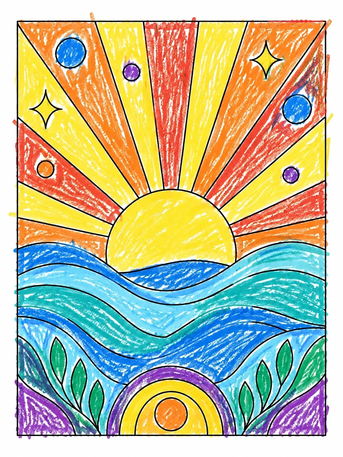 Colored example of the Rising Sun Over Rolling Waves coloring page
