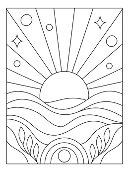 A serene sun coloring page with radiating beams and flowing landscape waves.
