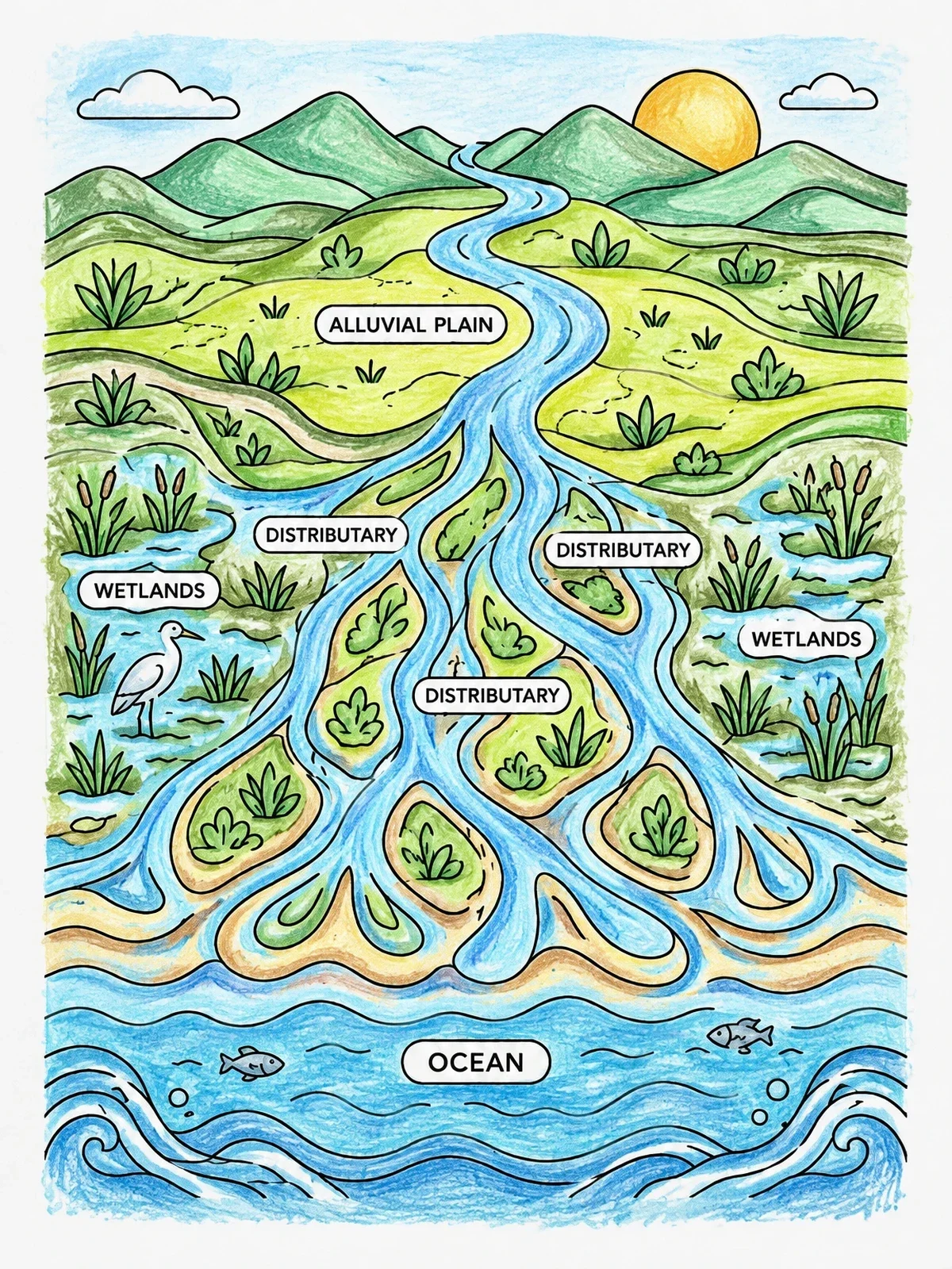 Colored example of the River Delta And Ocean Landscape coloring page