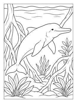 A friendly river dolphin coloring page with underwater roots and aquatic plants.