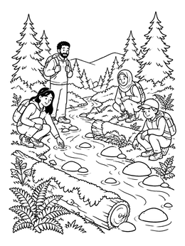 Free printable Hikers Resting By A Forest Brook coloring page