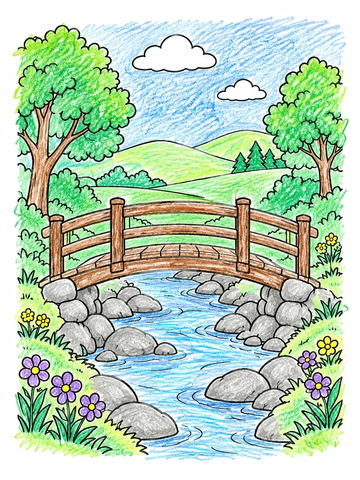 Colored example of the Wooden Bridge Over Rocky Stream coloring page