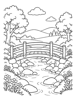 Free printable Wooden Bridge Over Rocky Stream coloring page
