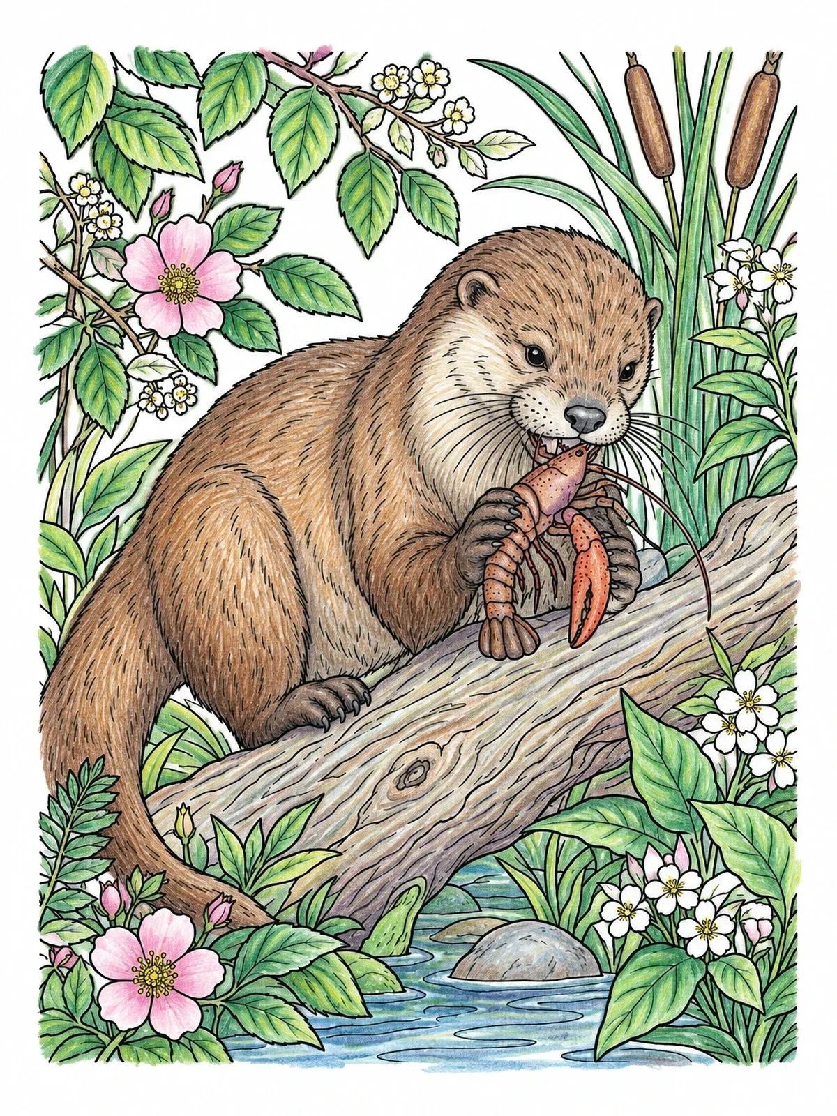 Colored example of the River Otter With Crayfish On Fallen Log coloring page