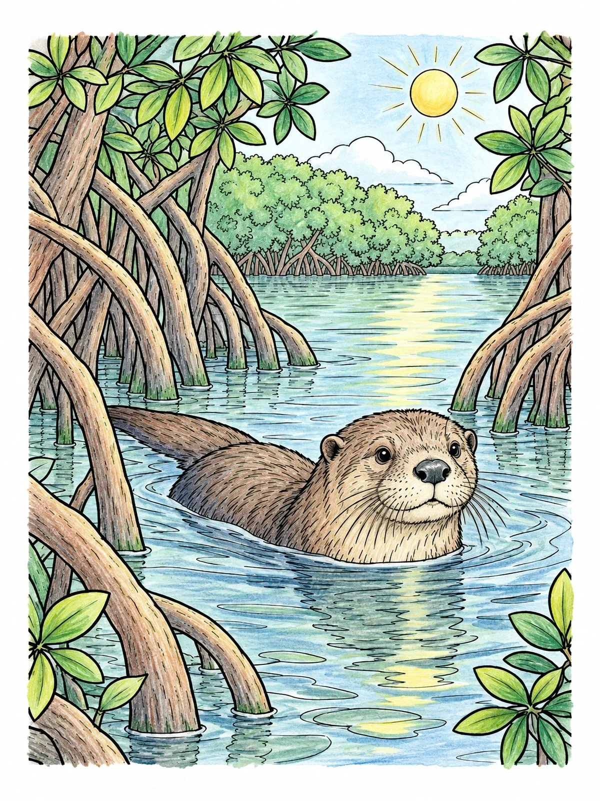 Colored example of the River Otter Swimming In Mangrove Swamp coloring page