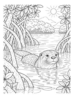 An otter glides through wetland water in this swamp coloring page with mangrove roots.