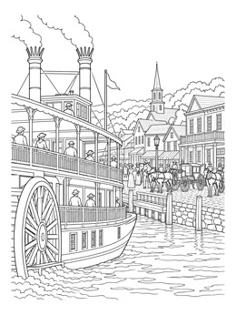A detailed steamboat coloring page showing a paddle wheeler arriving at a busy 19th-century riverfront town.