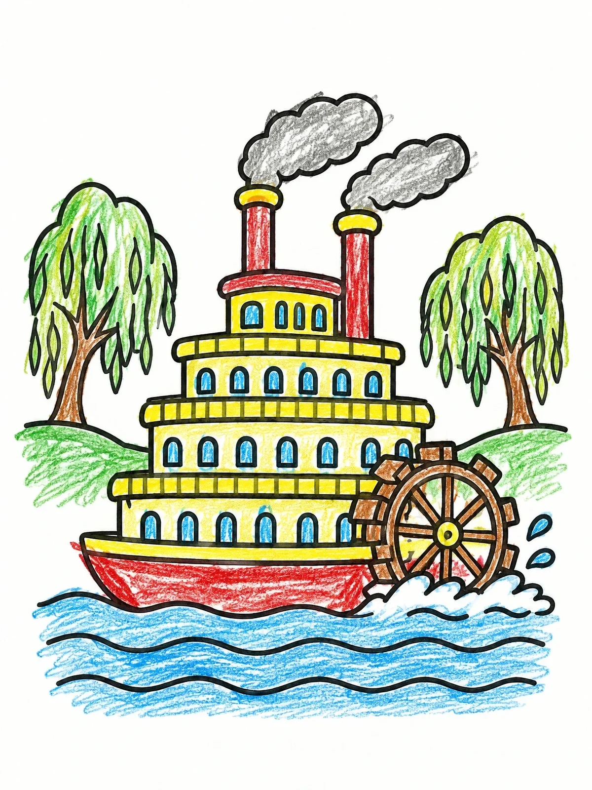 Colored example of the River Steamboat With Paddle Wheel coloring page