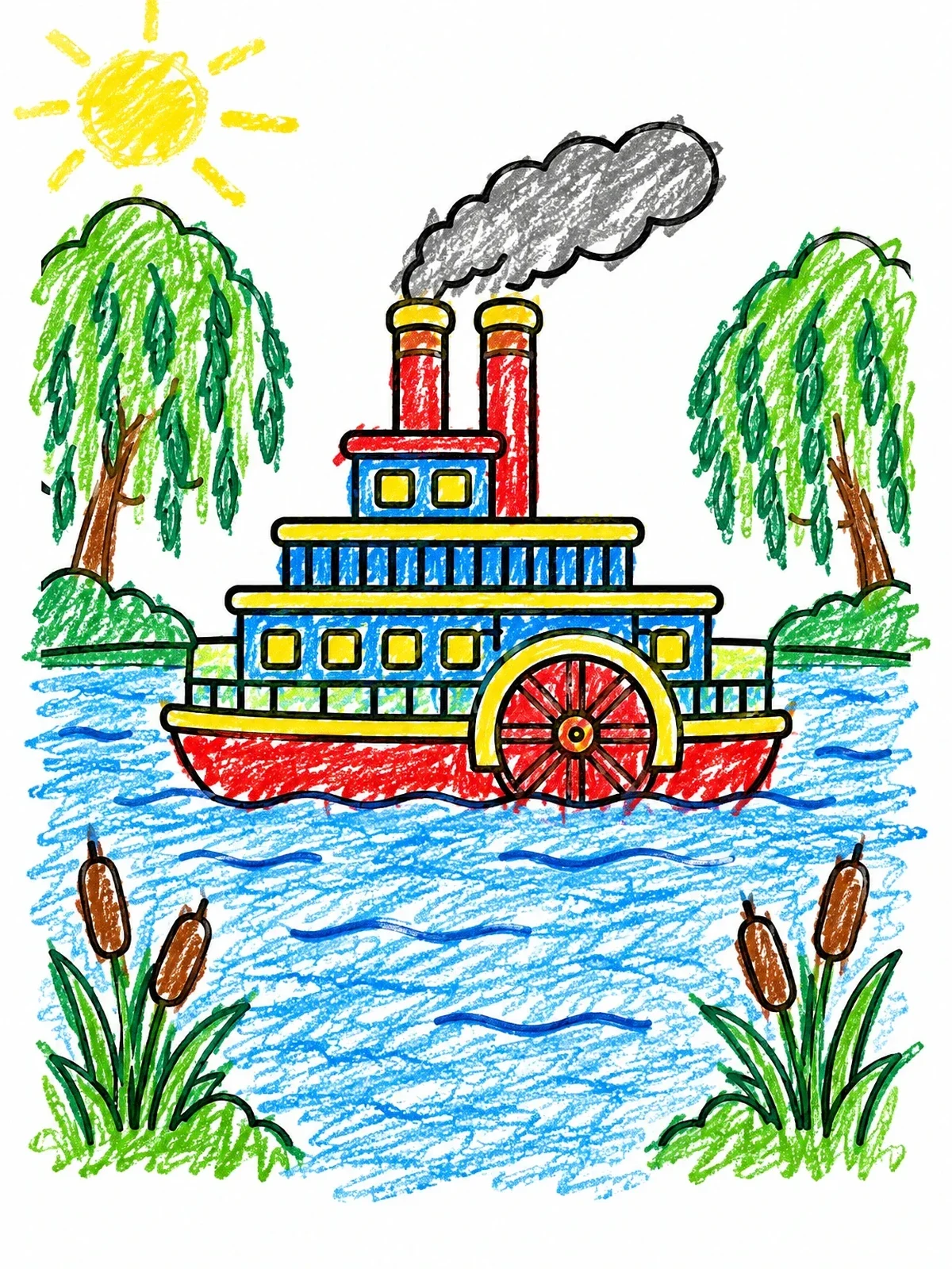 Colored example of the River Steamboat With Willow Trees coloring page