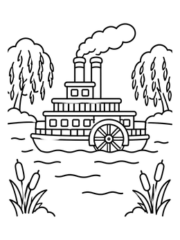 Free printable River Steamboat With Willow Trees coloring page
