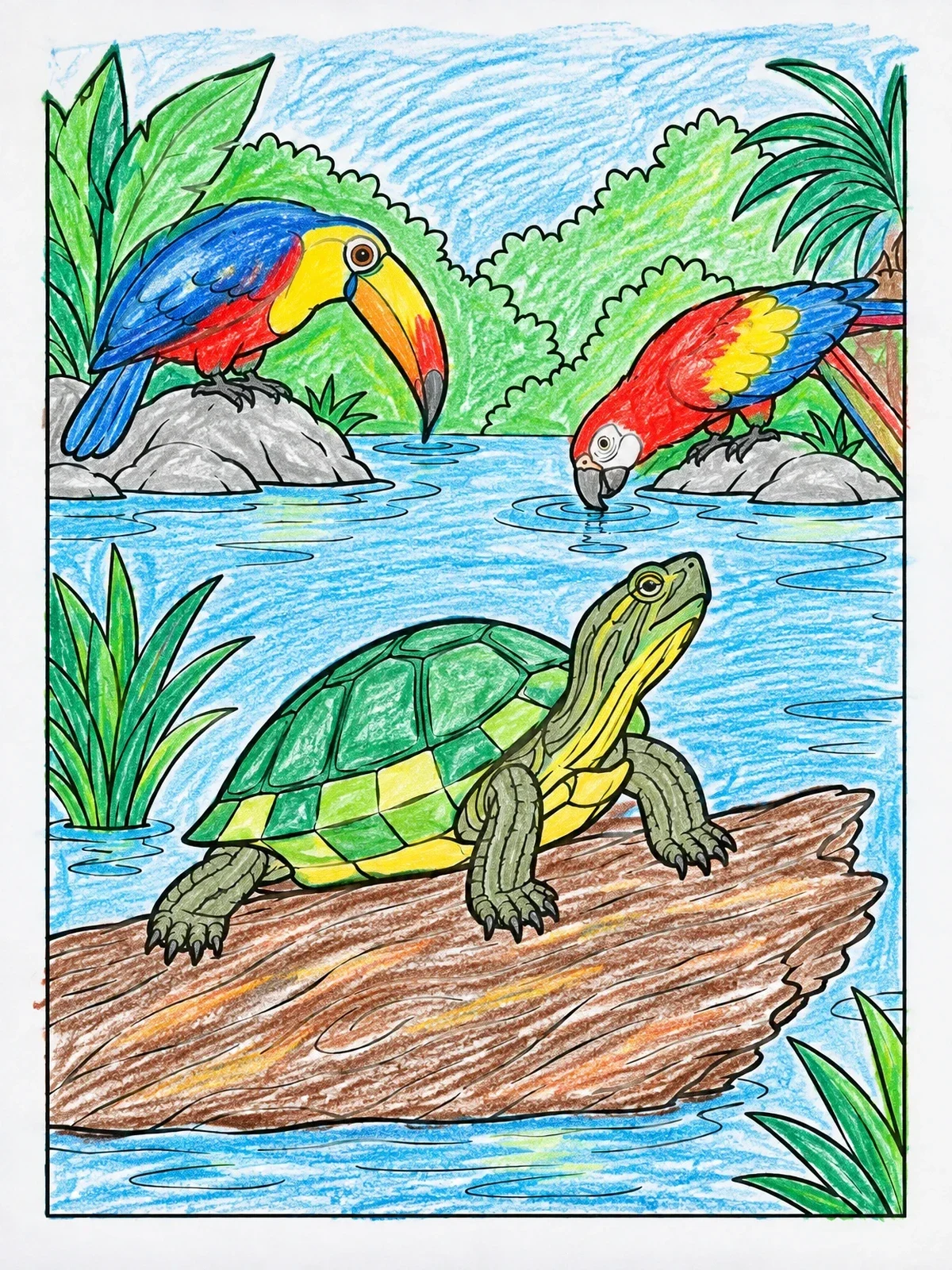 Colored example of the River Turtle And Tropical Birds coloring page