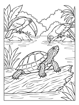 A peaceful rio coloring page with a turtle on a log and tropical birds near the riverbank.