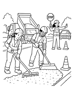 A road crew paves a street in this friendly construction worker coloring page.