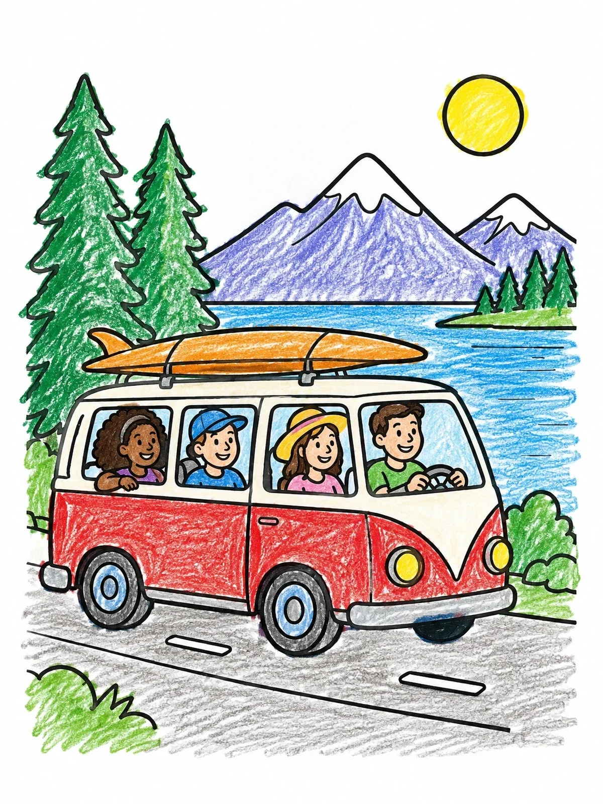 Colored example of the Family Van Mountain Adventure coloring page